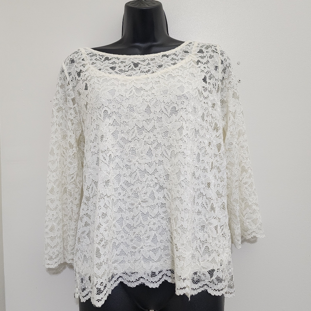 nwt MADISON size Medium‎ Floral Lace Long Sleeve Evening Blouse Lined Ivory